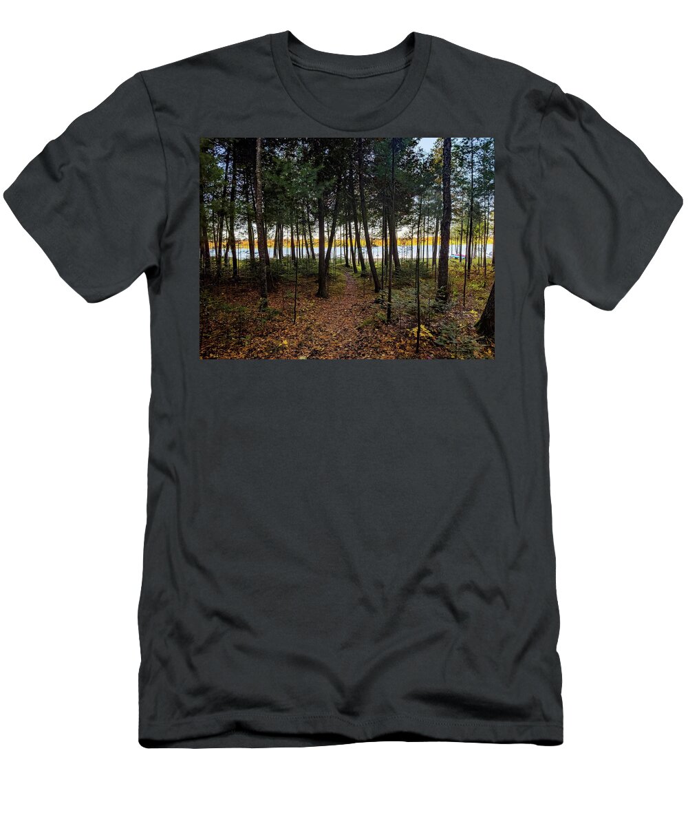 Tahquamenon Falls T-Shirt featuring the photograph Fall and Sunset through the trees IMG_5837 by Michael Thomas