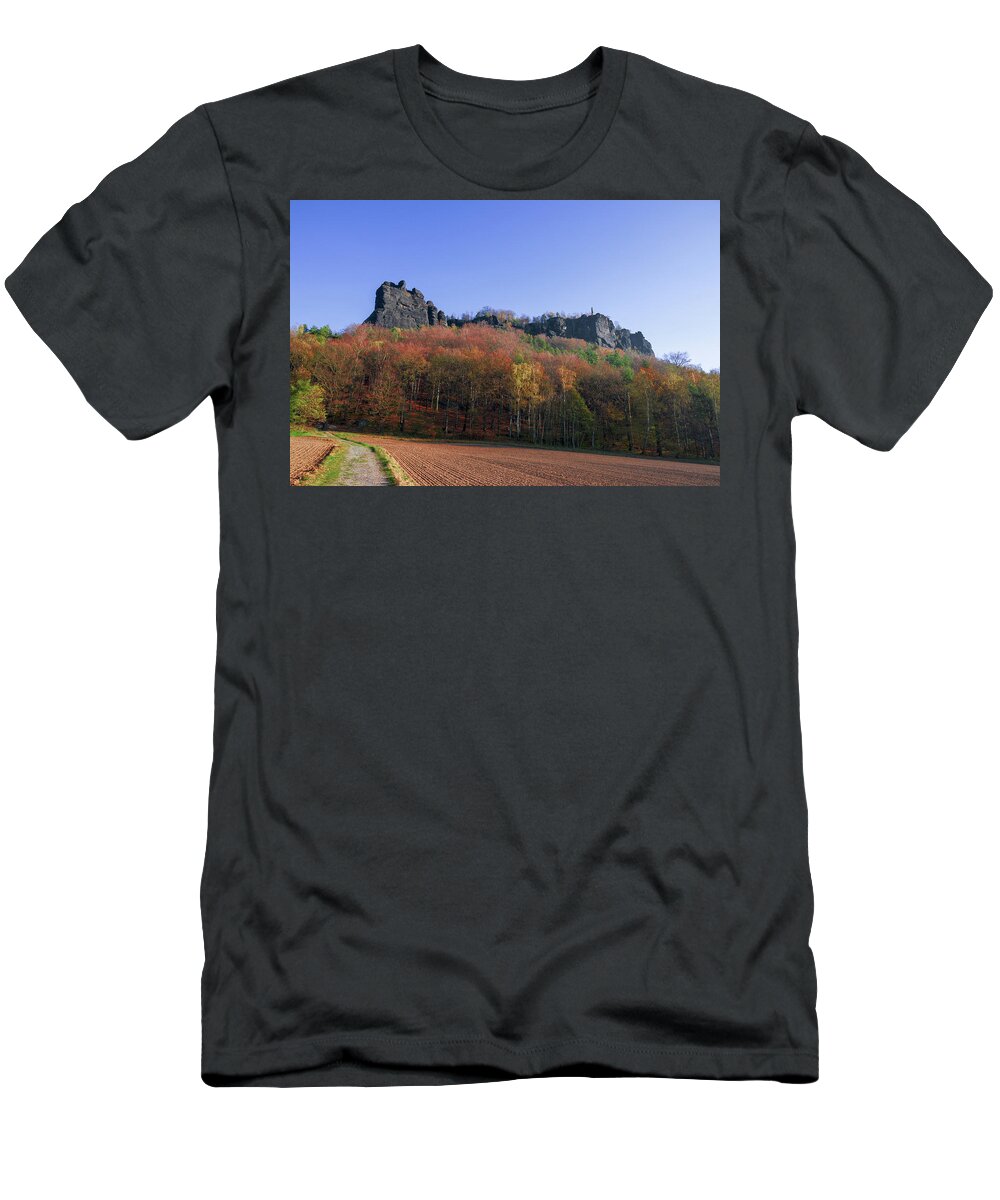 Saxon Switzerland T-Shirt featuring the photograph Fall colors around Lilienstein mountain by Sun Travels