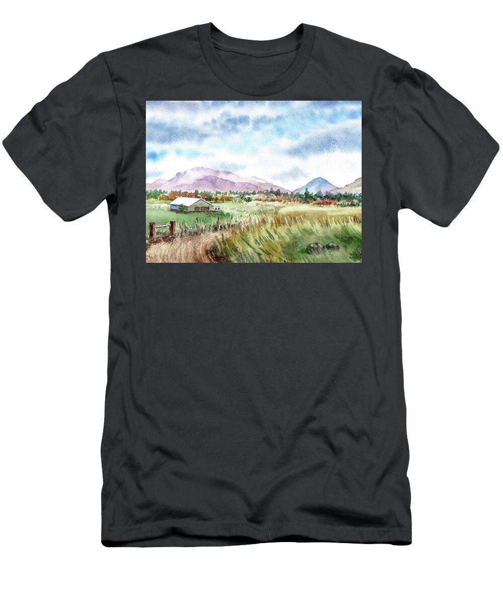 Barn T-Shirt featuring the painting Farm Barn Mountains Road In The Field Watercolor Impressionism by Irina Sztukowski