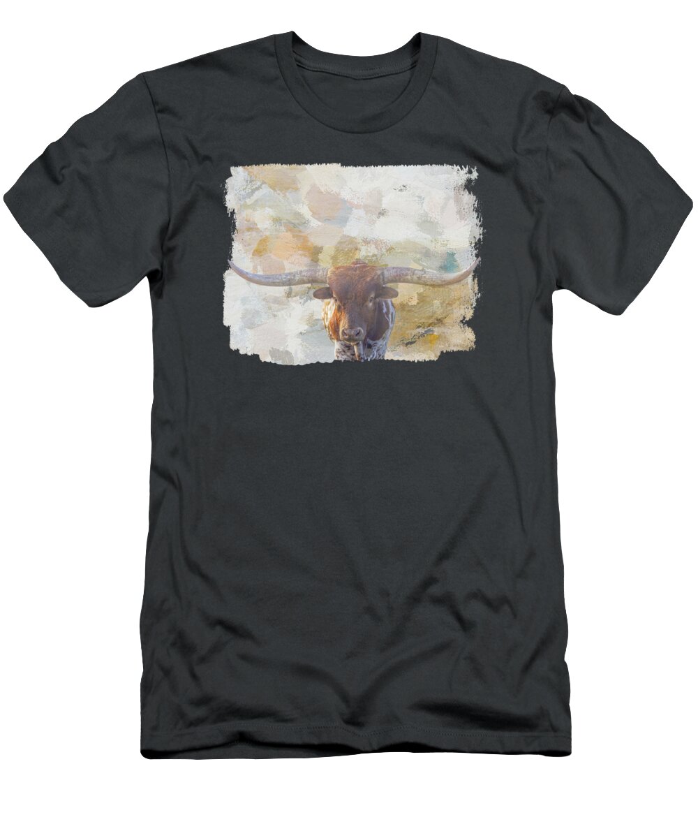 Texas Longhorn T-Shirt featuring the mixed media Farmhouse Style Texas Longhorn by Elisabeth Lucas