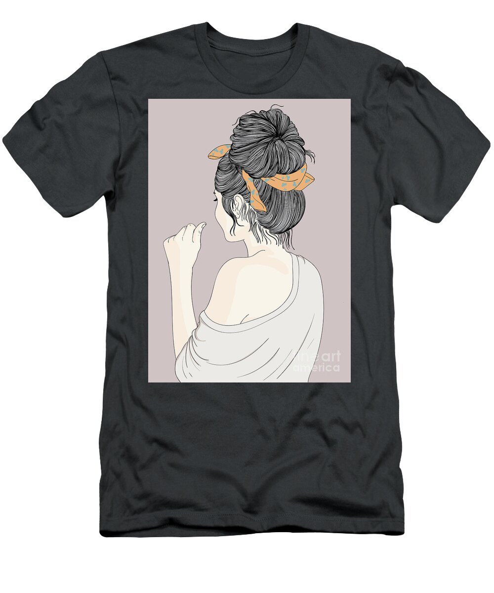 Graphic T-Shirt featuring the digital art Fashion Girl With Pretty Hairstyle - Line Art Graphic Illustration Artwork by Sambel Pedes