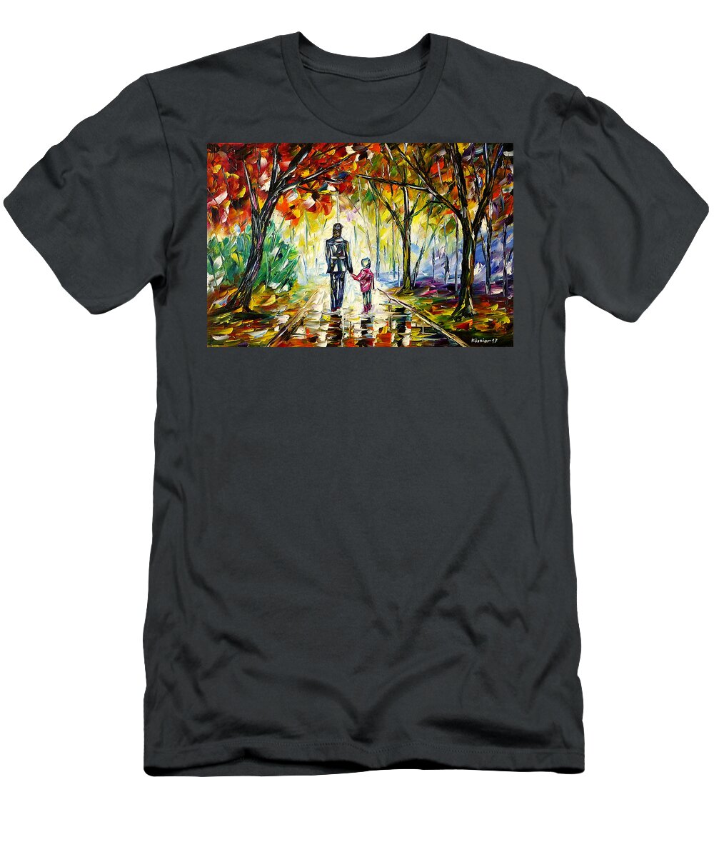 Autumn Walk T-Shirt featuring the painting Father With Daughter In The Park by Mirek Kuzniar