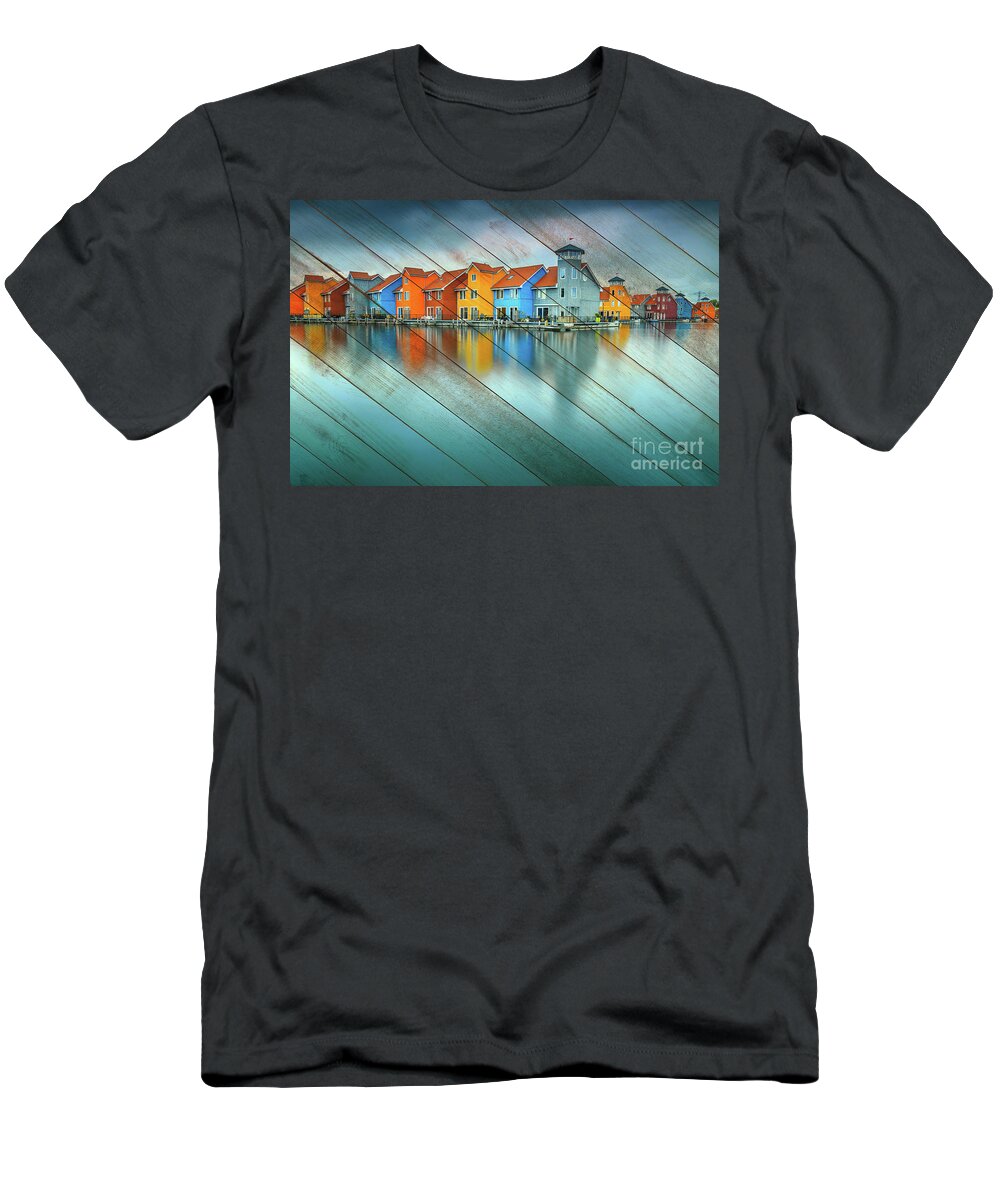 Sea T-Shirt featuring the photograph Faux Wood Blue Morning at Waters Edge Groningen Coastal Landscape Photograph by PIPA Fine Art - Simply Solid