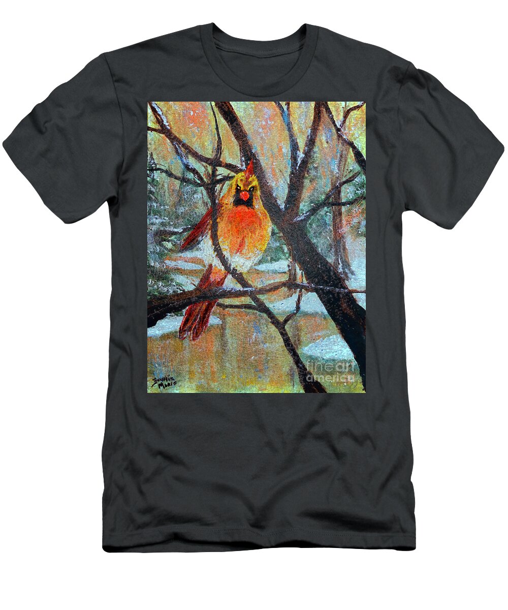 Ms. Cardinal Keeping Warm In A Snowstorm T-Shirt featuring the painting Female Cardinal keeping warm in a snowstorm by Bonnie Marie
