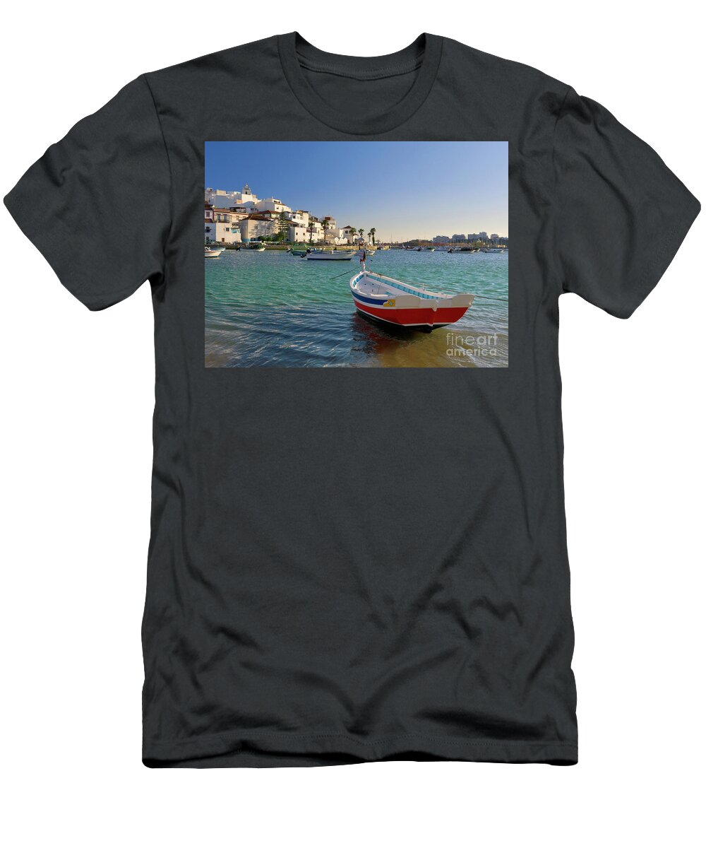 Portugal T-Shirt featuring the photograph Ferragudo with a red fishing boat, Portugal by Mikehoward Photography