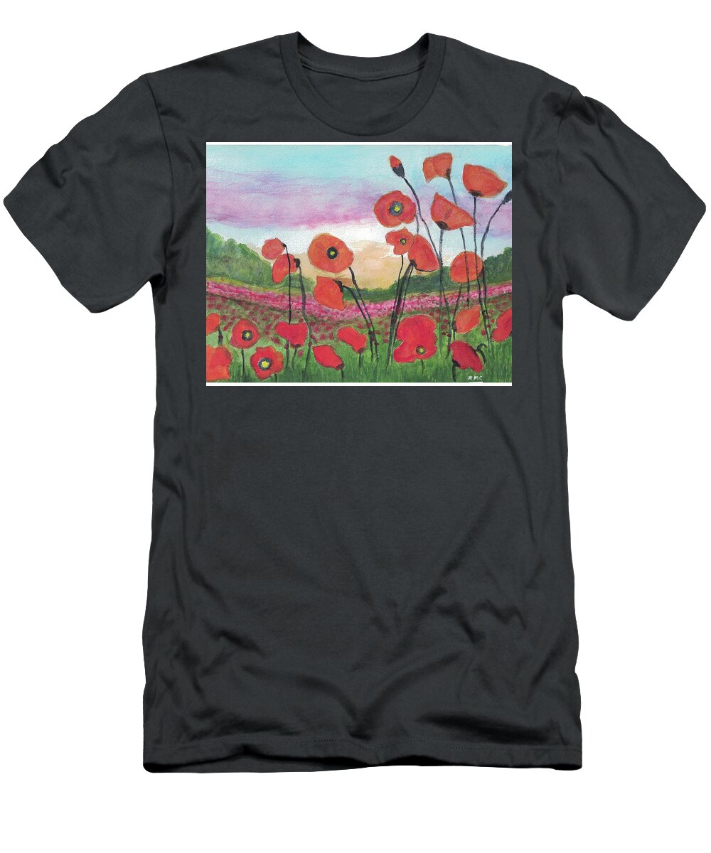 Red T-Shirt featuring the painting Field of Poppies by Mary M Collins