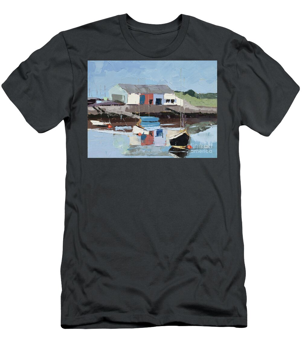 Findhorn T-Shirt featuring the painting Findhorn Marina - Plein Air, 2015 by PJ Kirk