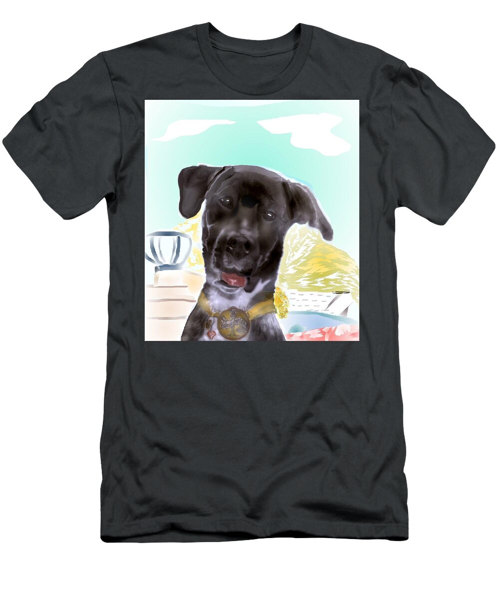 Finley Mixed Breed Dog T-Shirt featuring the mixed media Finley the sweet valedictorian by Pamela Calhoun
