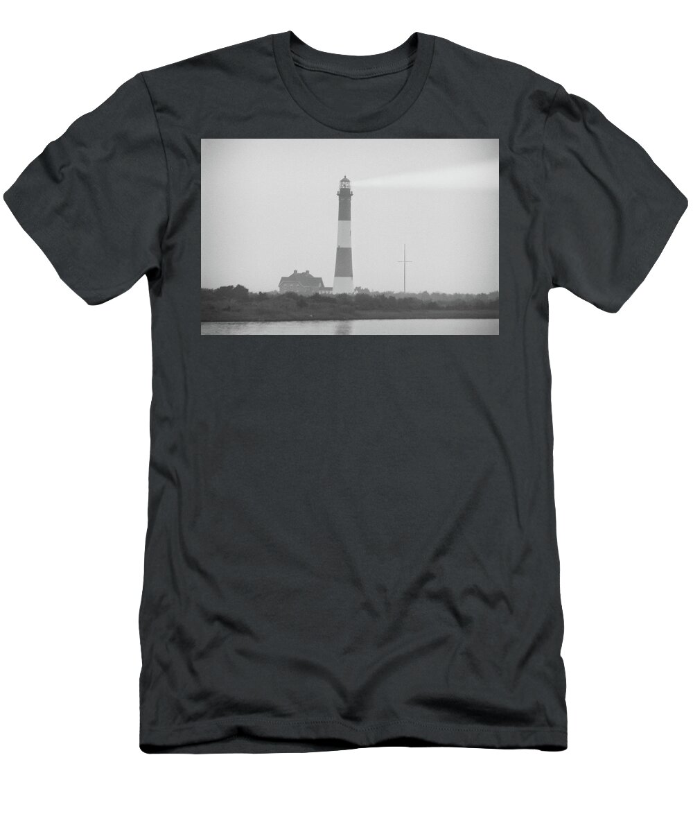 Long Island T-Shirt featuring the photograph Fire Island Lighthouse in Fog BW by Laura Fasulo