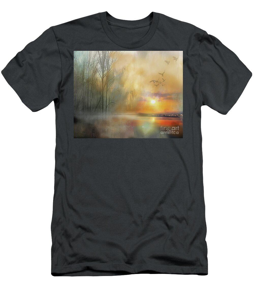 Landscape T-Shirt featuring the digital art Fire on the Water by Deb Nakano