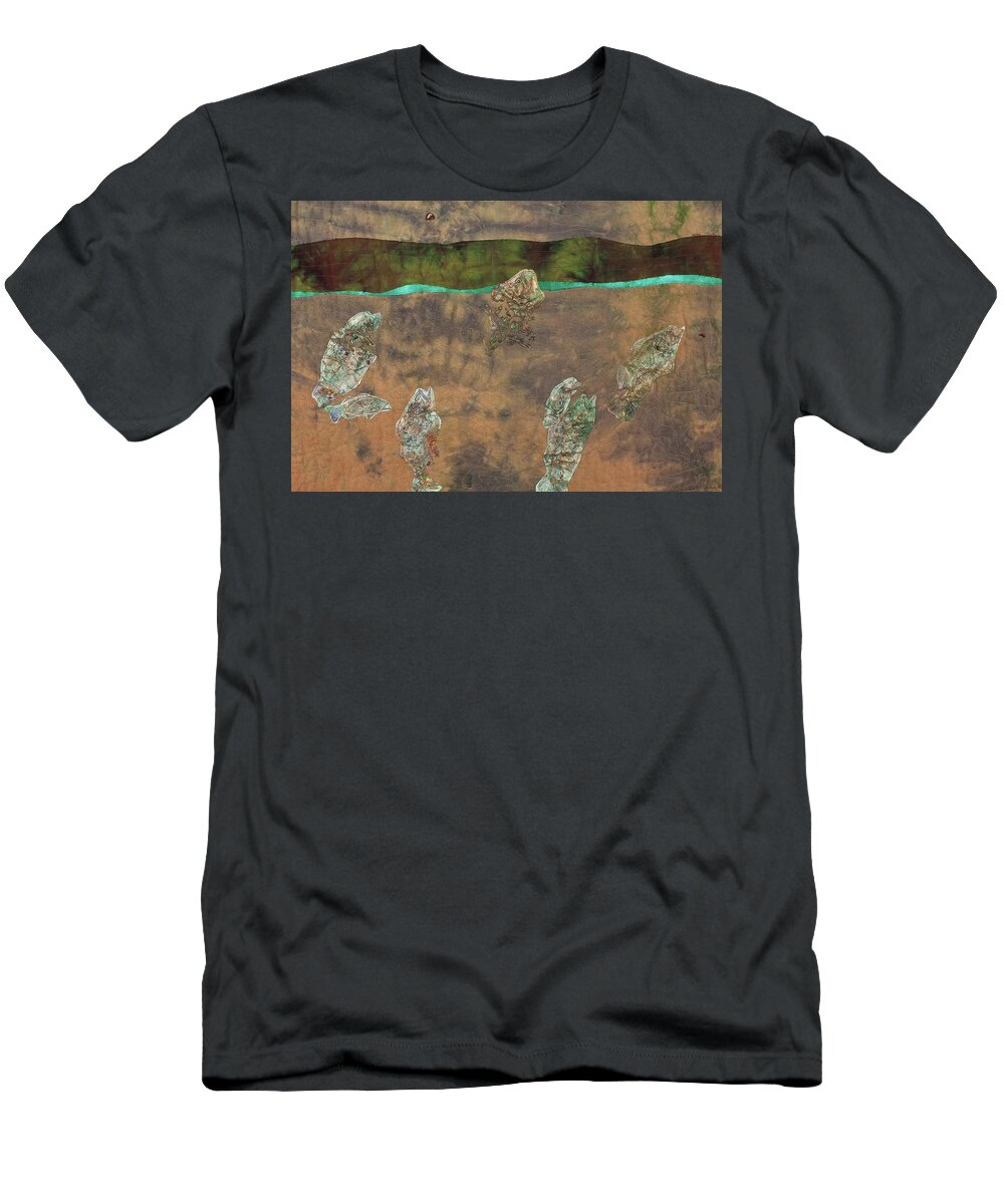 Fiber Art T-Shirt featuring the mixed media Fish and Game 3 by Vivian Aumond