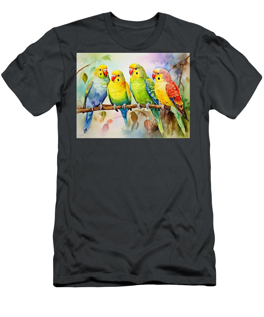 Colorful Parakeet Art T-Shirt featuring the painting Flock of Parakeets Art by Lourry Legarde