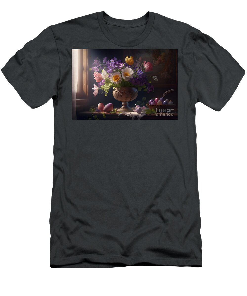 Floral T-Shirt featuring the digital art Floral Elegance, Photorealistic Easter Flower Arrangement in Full Bloom by Jeff Creation