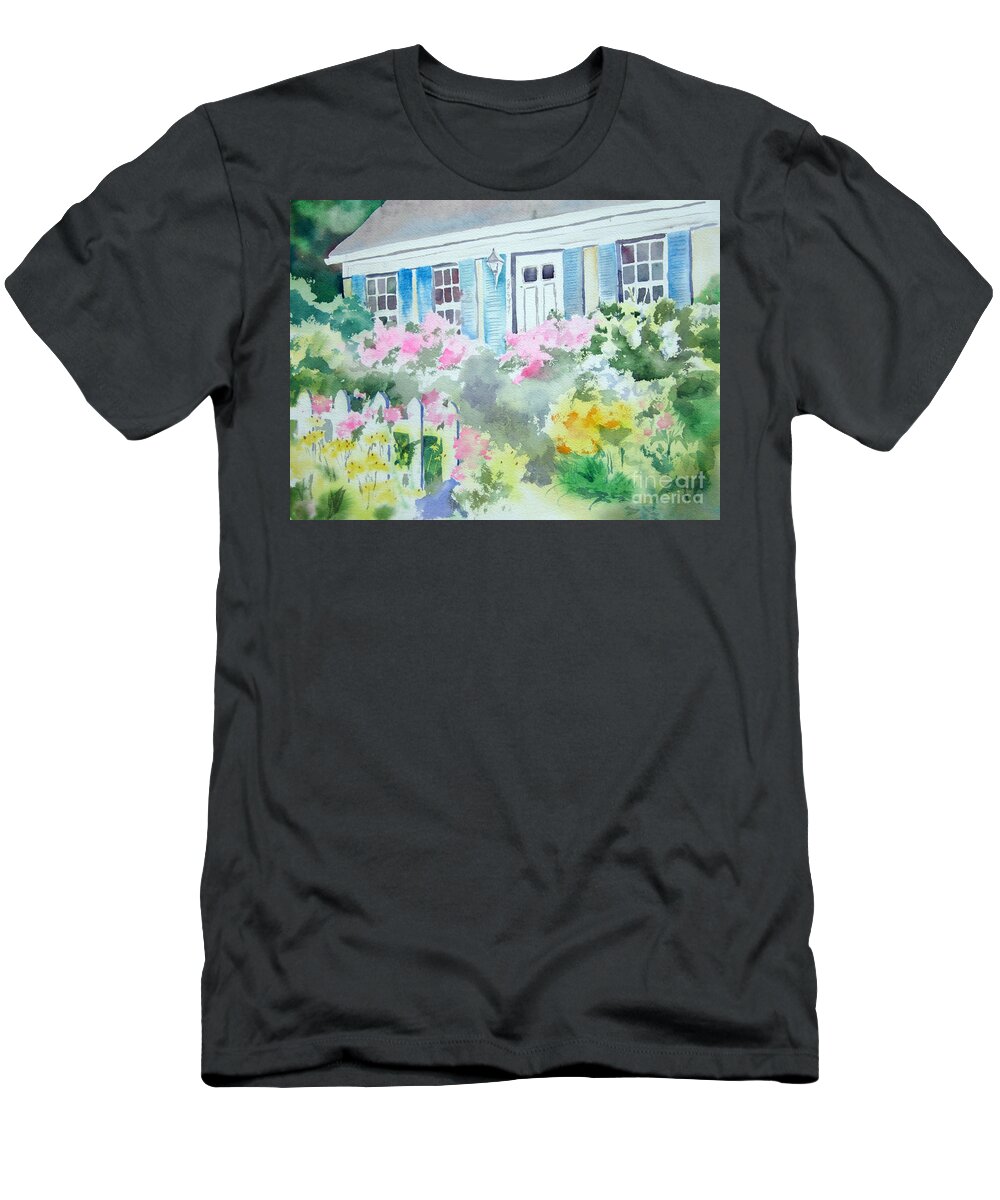 Blue Shutters T-Shirt featuring the painting Flower Cottage II by Liana Yarckin