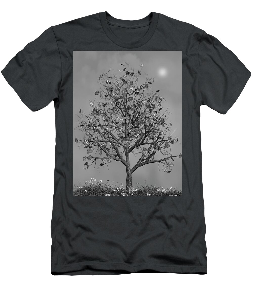 Autumn T-Shirt featuring the mixed media Flowers Beneath The Autumn Tree Black and White by David Dehner