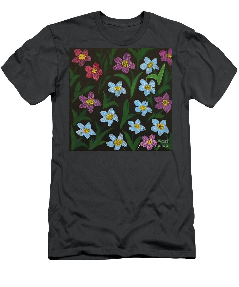 Flowers T-Shirt featuring the painting Flowers on Black by Lisa Neuman