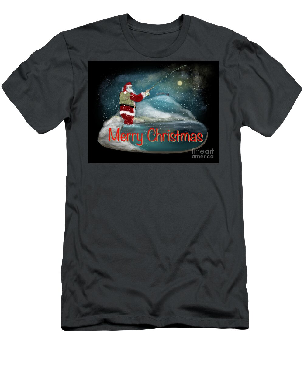 Happy Holidays T-Shirt featuring the digital art Fly Fishing Santa by Doug Gist