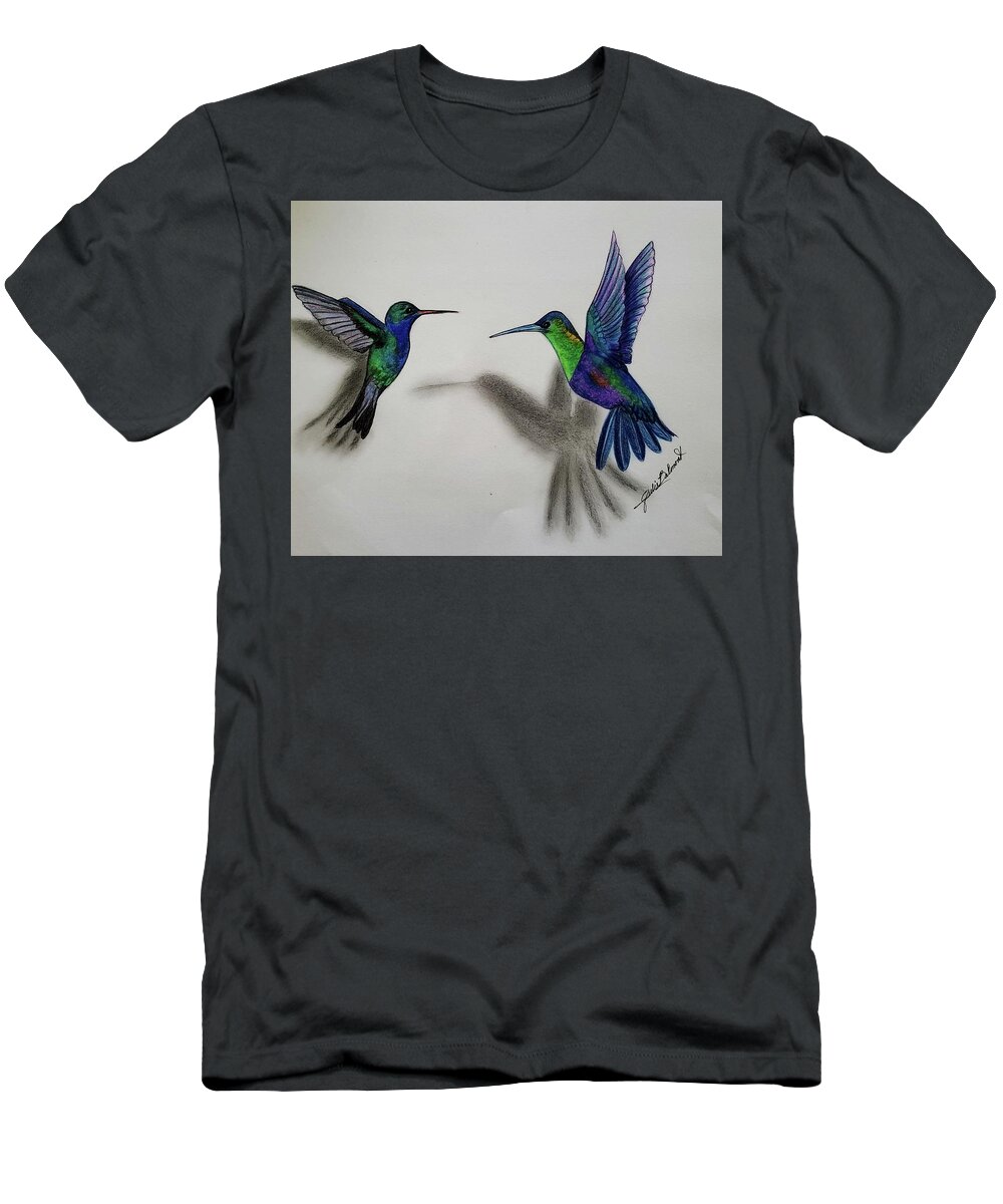 Hummingbirds T-Shirt featuring the painting Flying Friends by Julie Belmont