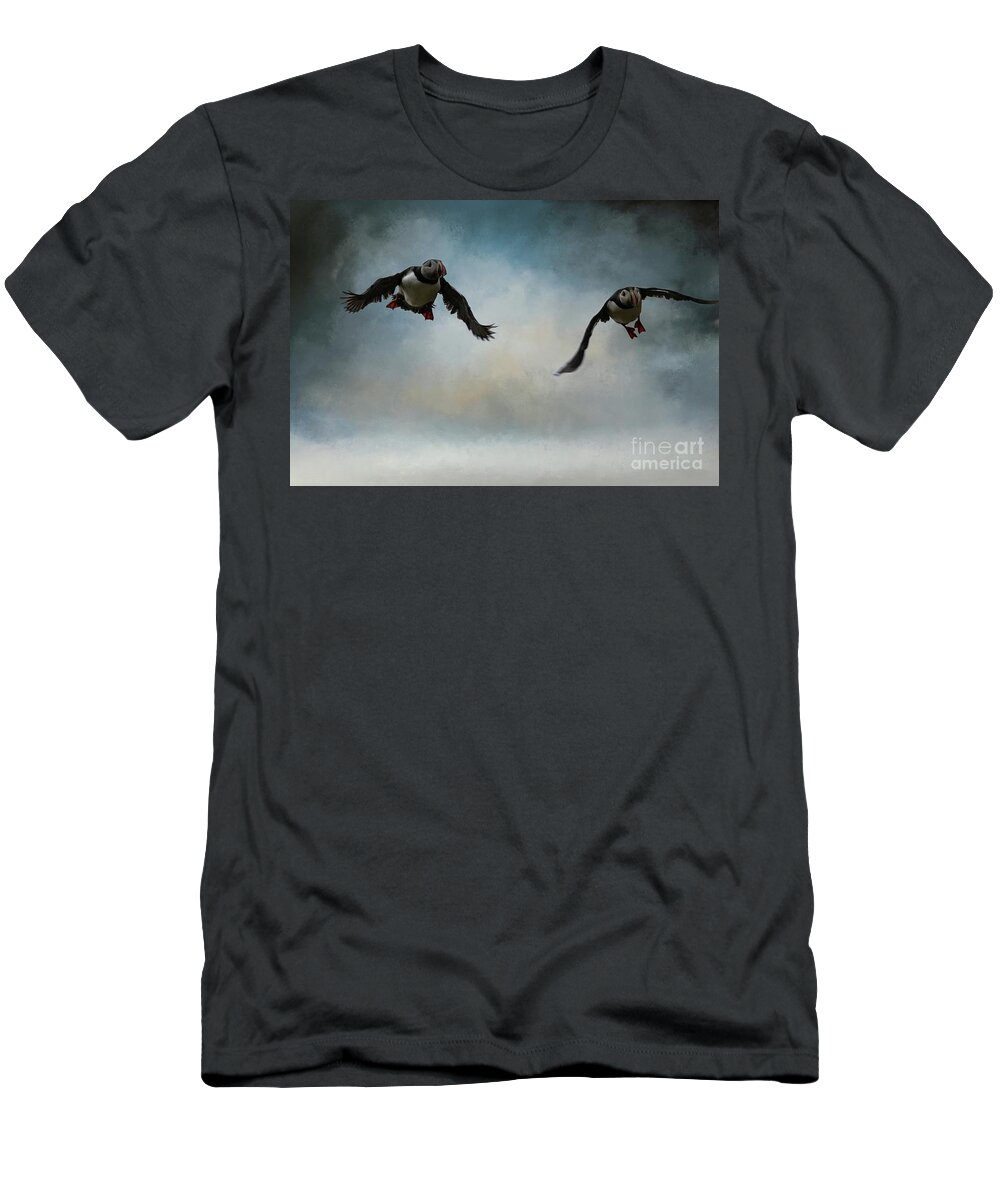 Atlantic Puffins T-Shirt featuring the photograph Flying Puffins by Eva Lechner