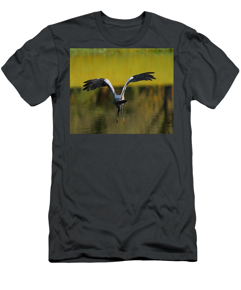 Birds T-Shirt featuring the photograph Flying Wood Stork by Larry Marshall