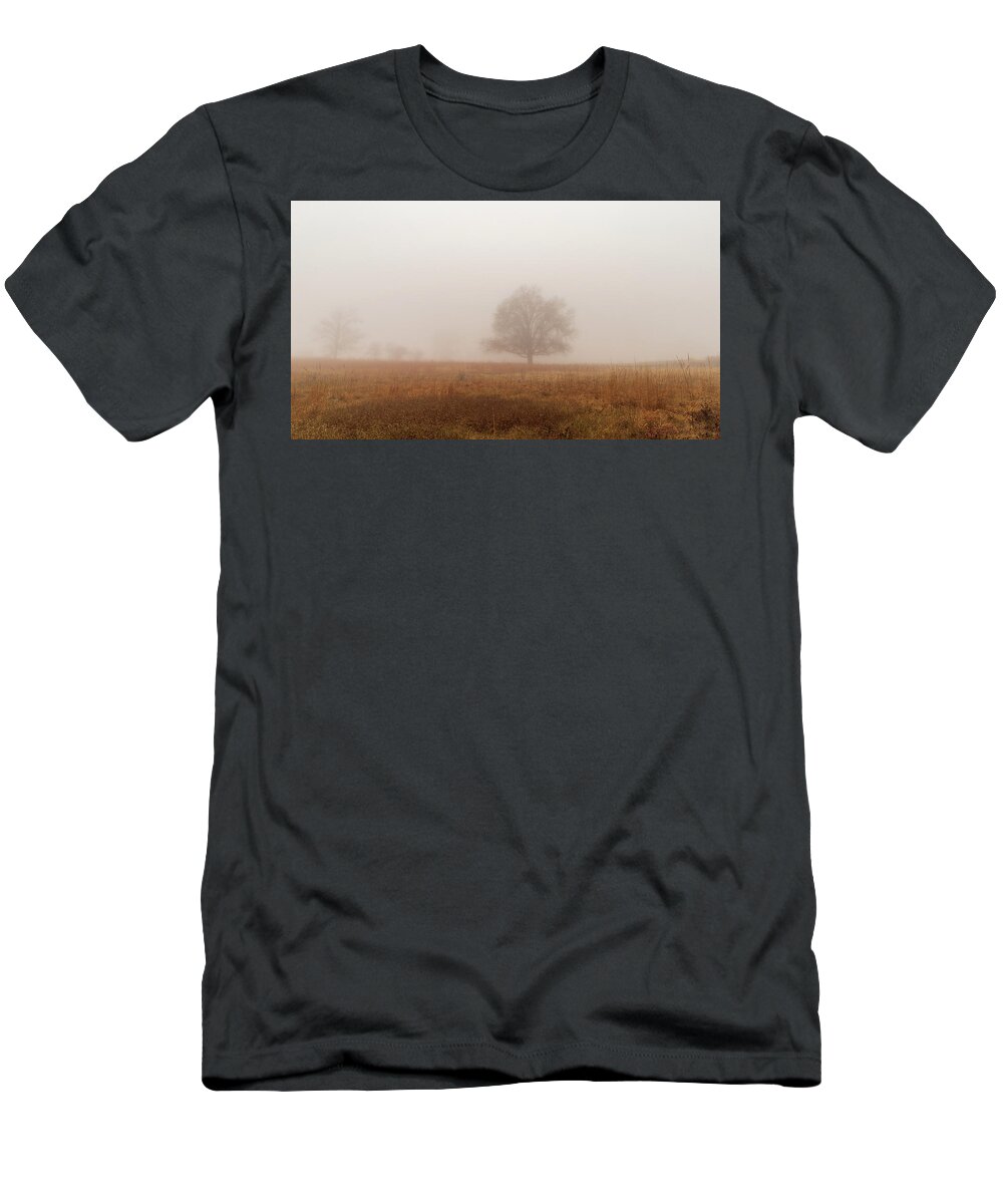 America T-Shirt featuring the photograph Fog on the Battlegrounds of Gettysburg PA by Amelia Pearn