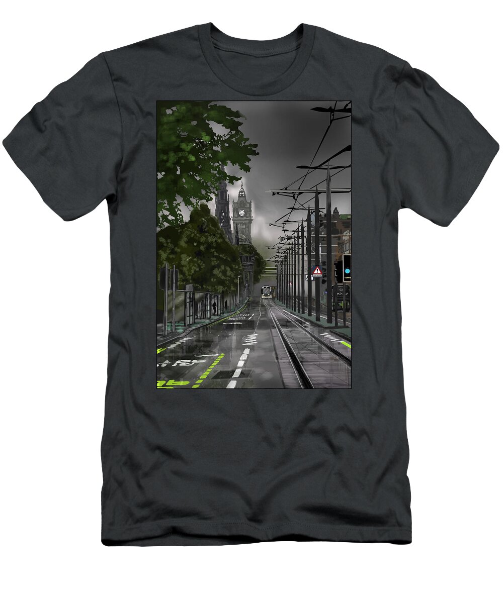Scottish Landscape T-Shirt featuring the digital art Foggy Even in Edinburgh by Rob Hartman