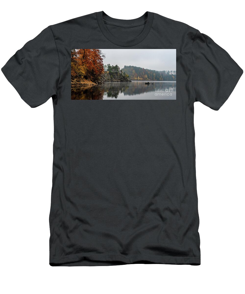 Austria T-Shirt featuring the photograph Foggy Landscape With Fishermans Boat On Calm Lake And Autumnal Forest At Lake Ottenstein In Austria by Andreas Berthold