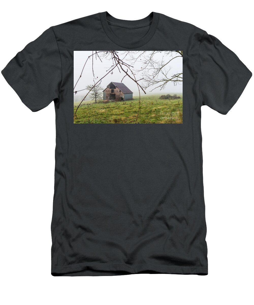 Barn T-Shirt featuring the photograph Foggy Nixa Barn by Jennifer White
