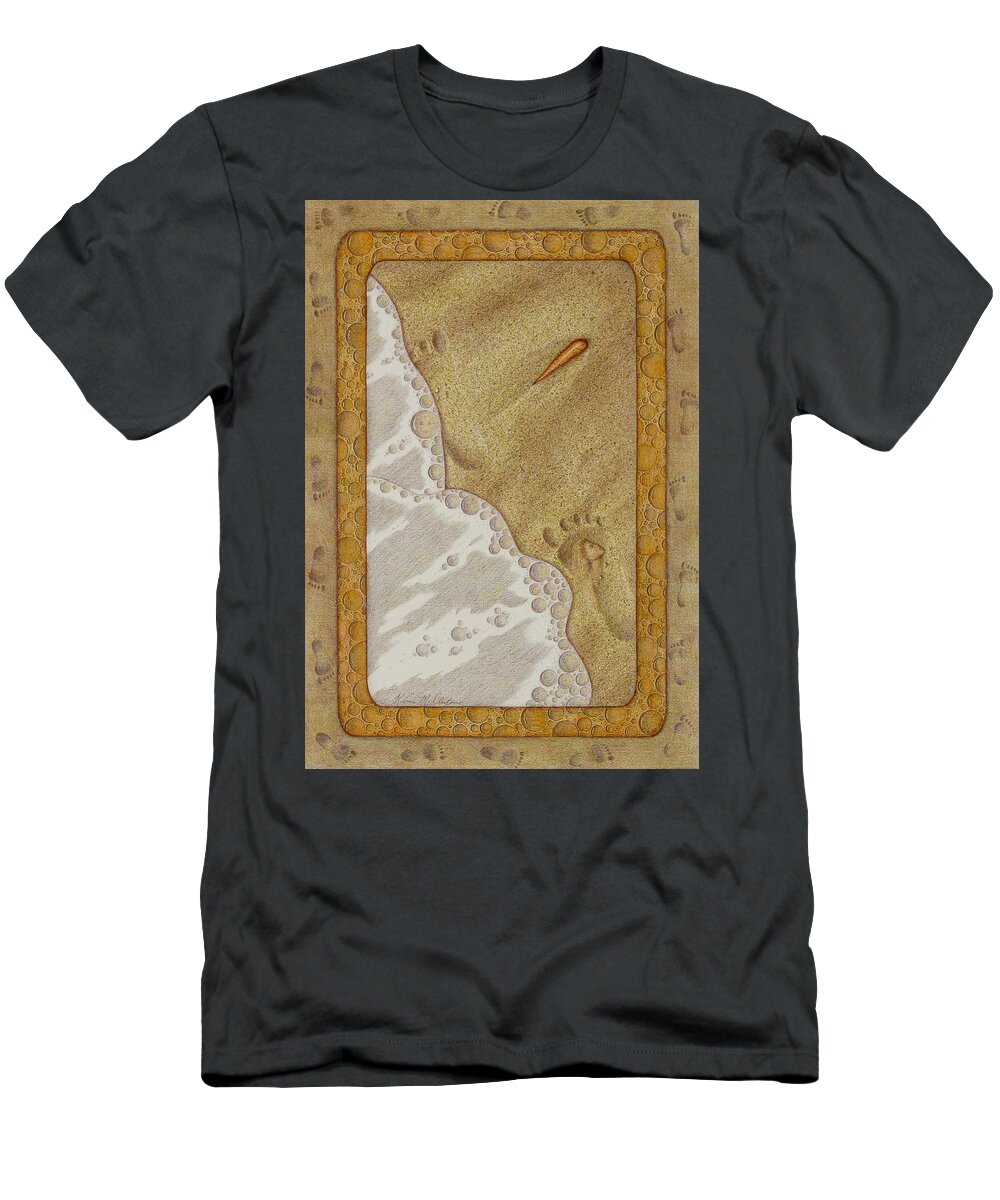 Kim Mcclinton T-Shirt featuring the painting Washed Away- Footprints, Foam, and Fate by Kim McClinton