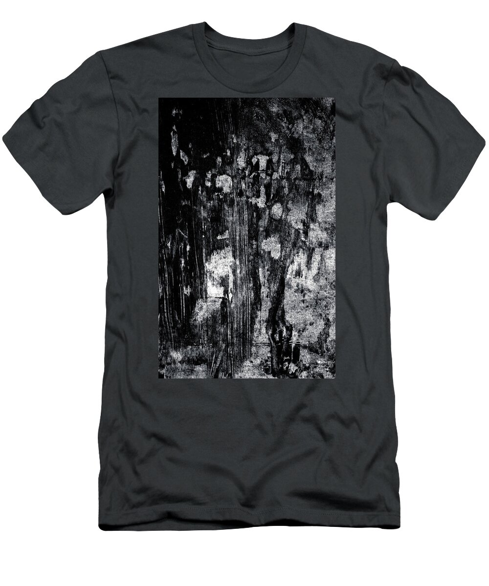 Abstract T-Shirt featuring the painting Forest House - Black and White Dark Abstract Painting by Modern Abstract