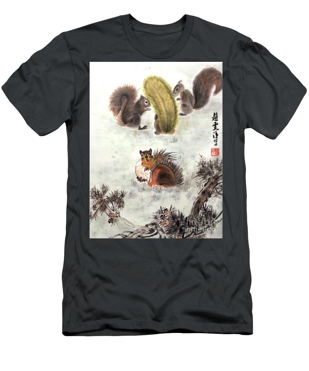 Squirrels T-Shirt featuring the painting Four Squirrels In The Neighborhood by Carmen Lam
