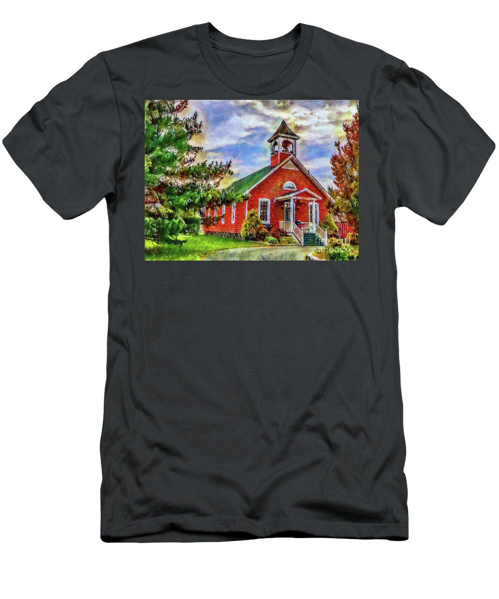 Red School House T-Shirt featuring the painting Delawares Little Red School House by Linda Weinstock