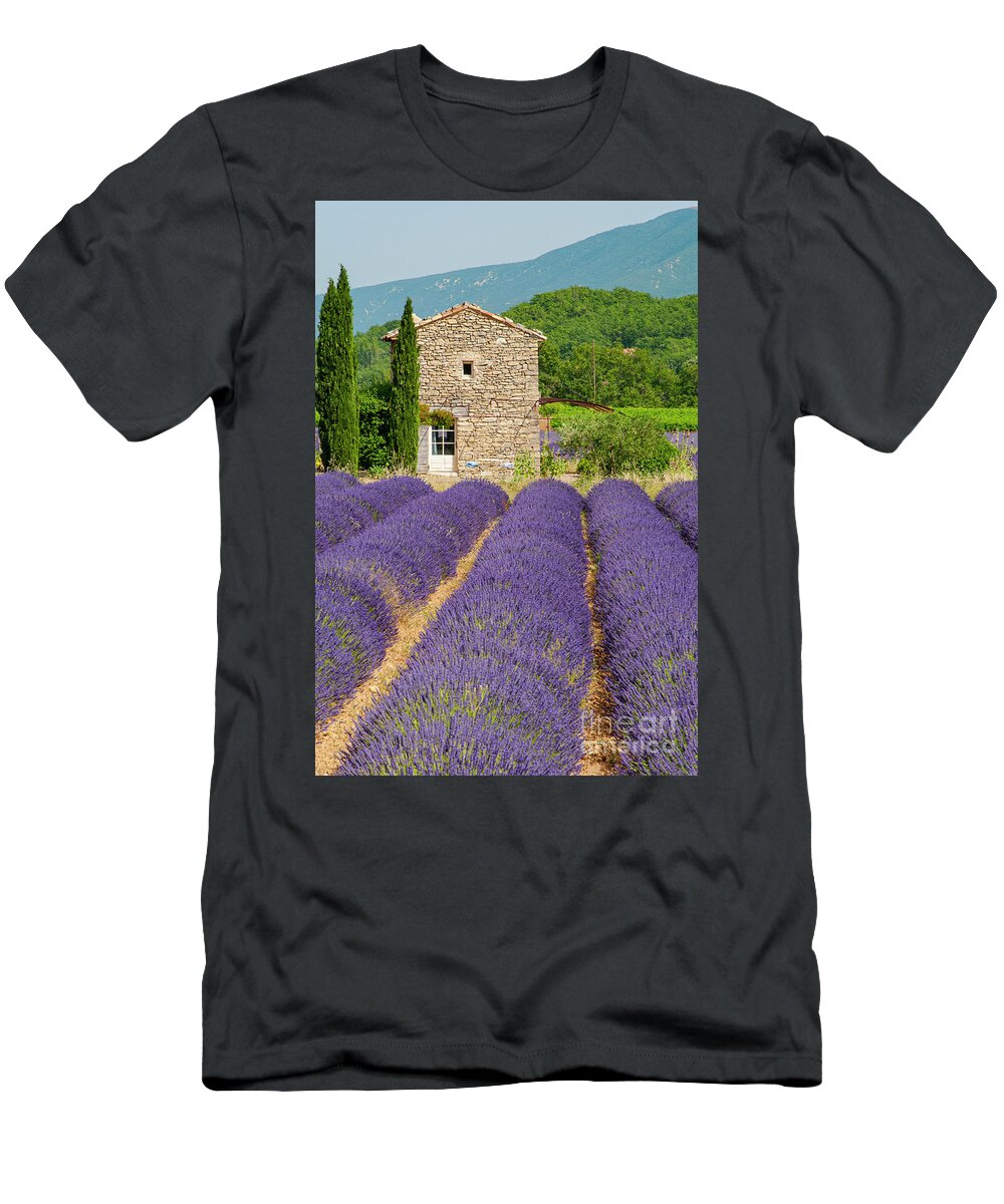 Saignon T-Shirt featuring the photograph French Stone Farmhouse on a Lavender Farm Two by Bob Phillips