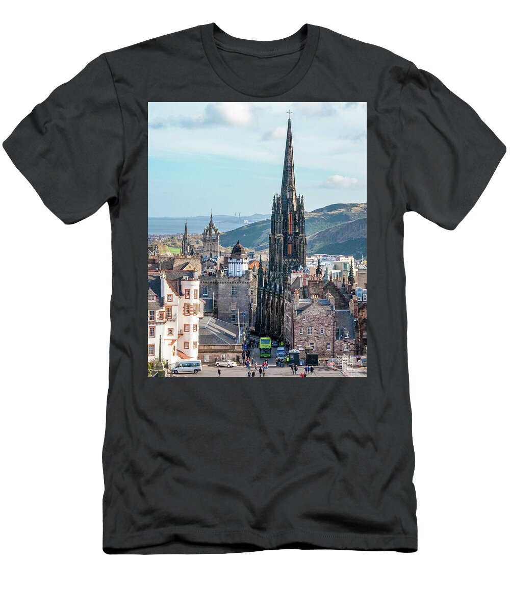 Castle Of Edinburgh T-Shirt featuring the digital art From the Castle of Edinburgh, Scotland by SnapHappy Photos