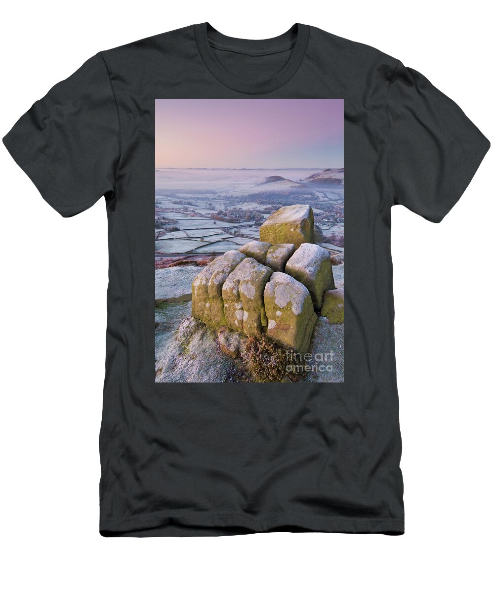 Froggatt Edge T-Shirt featuring the photograph Frosty Curbar edge sunrise, Peak District, England by Neale And Judith Clark