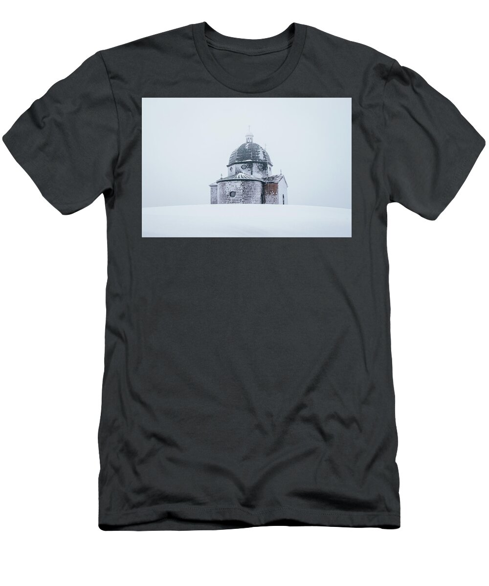 Radhost T-Shirt featuring the photograph Frozen historical chapel - White colour by Vaclav Sonnek