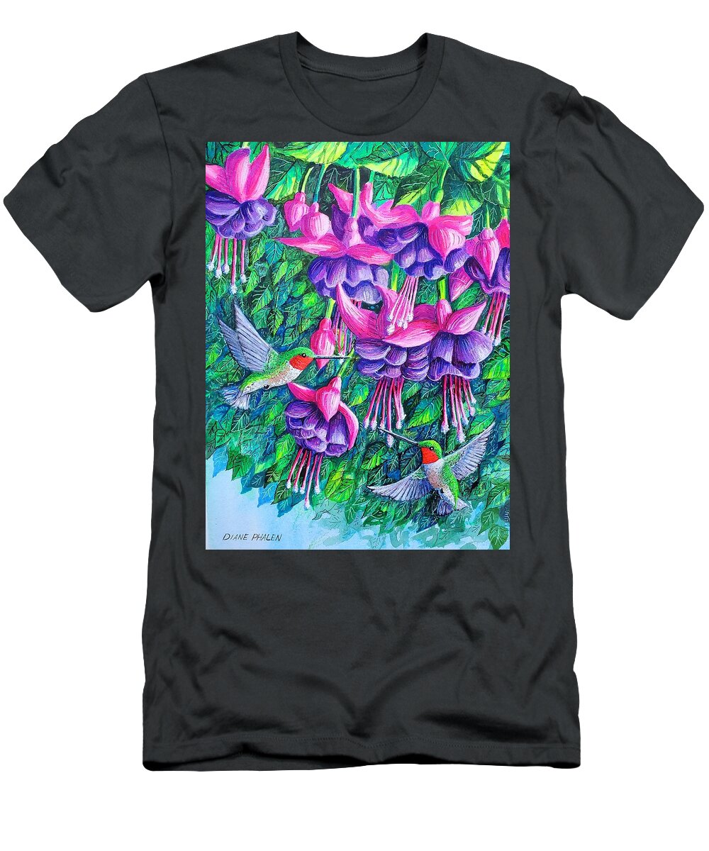 Fuchsia. Hummingbirds T-Shirt featuring the painting Fuchsia Frolic by Diane Phalen