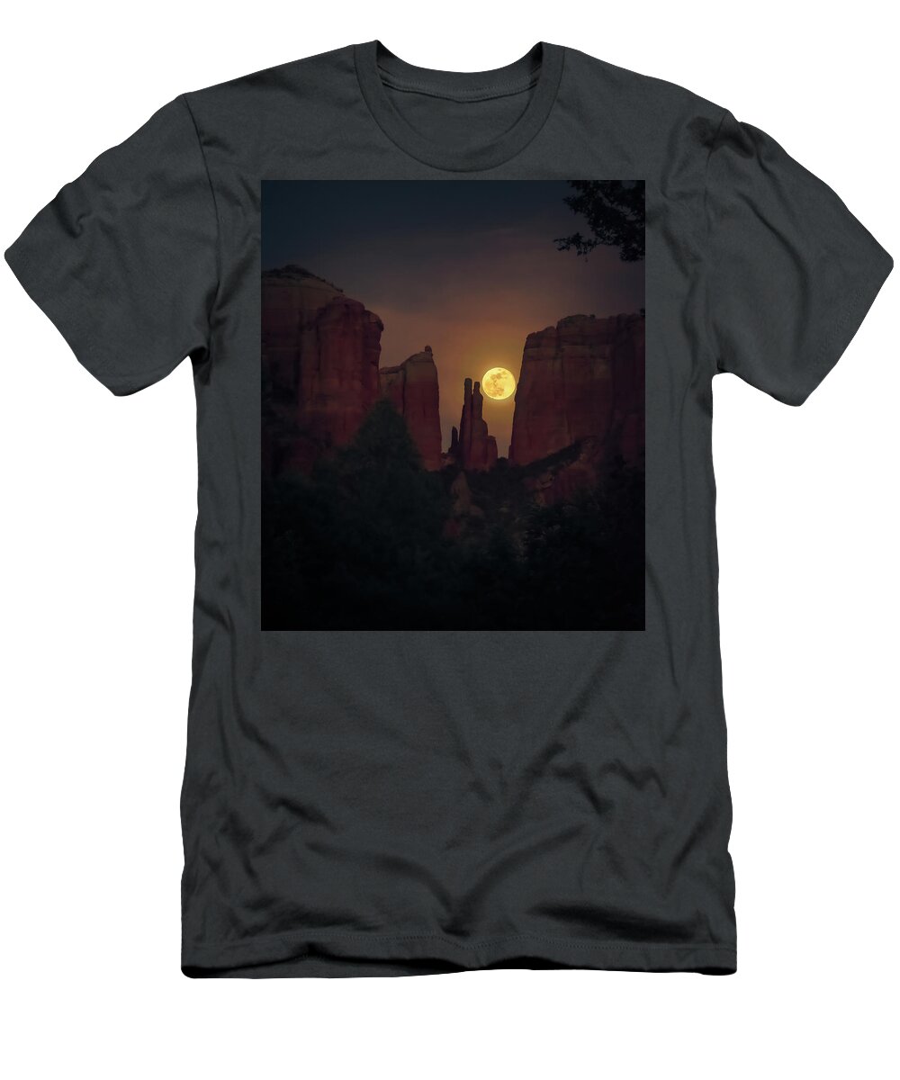 Scenic Red Rock Mountain Landscape Photo T-Shirt featuring the photograph Full Moon Hike Under Cathedral by Heber Lopez