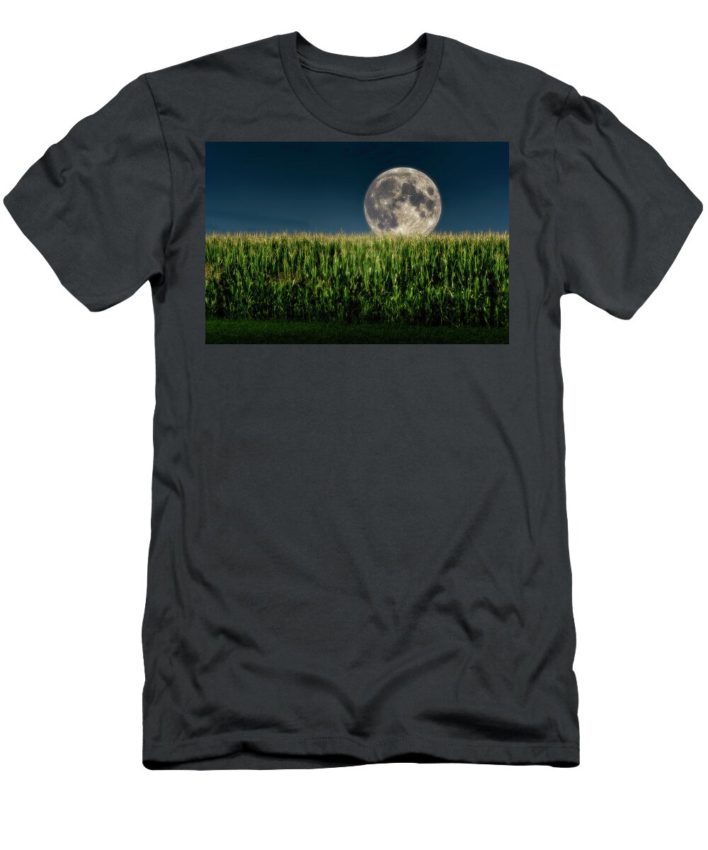 Full Moon T-Shirt featuring the photograph Full Moon over cornfield by Wolfgang Stocker
