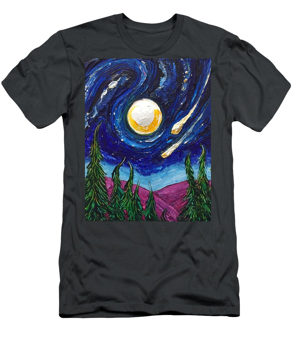 Mountains T-Shirt featuring the painting Full Moon Over the Mountains by Paris Wyatt Llanso