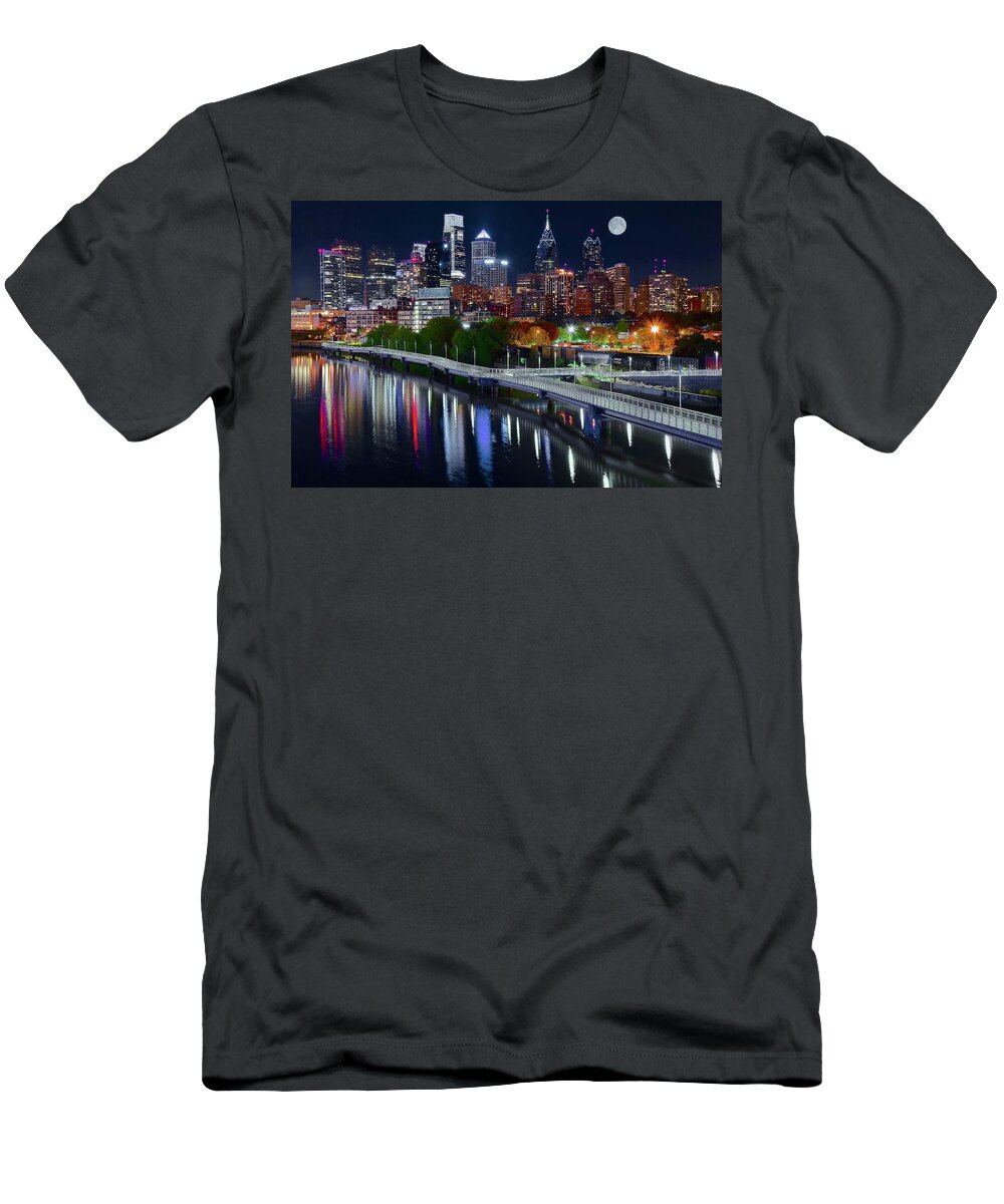 Philadelphia T-Shirt featuring the photograph Full Moon Over Philly by Frozen in Time Fine Art Photography
