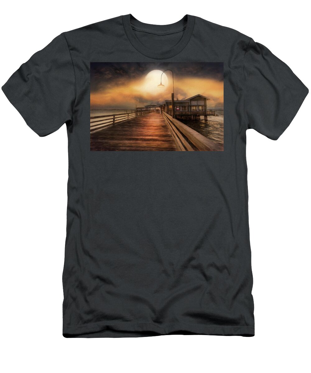 Clouds T-Shirt featuring the photograph Full Moon over the Docks on Jekyll Island Painting by Debra and Dave Vanderlaan