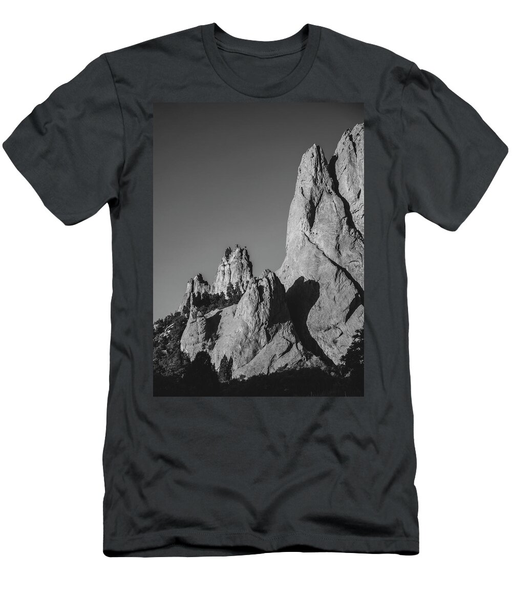 Garden Of The Gods Rock Pinnacles T-Shirt featuring the photograph Garden Of Gods Black And White by Dan Sproul