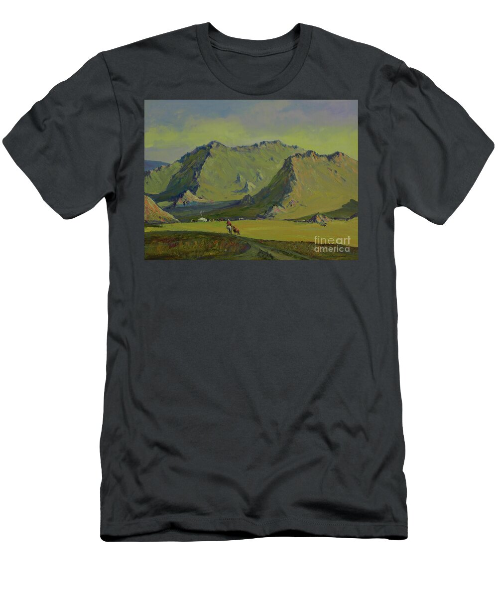 Summer Sky T-Shirt featuring the painting Gate of Ongon mountain by Badamjunai Tumendemberel