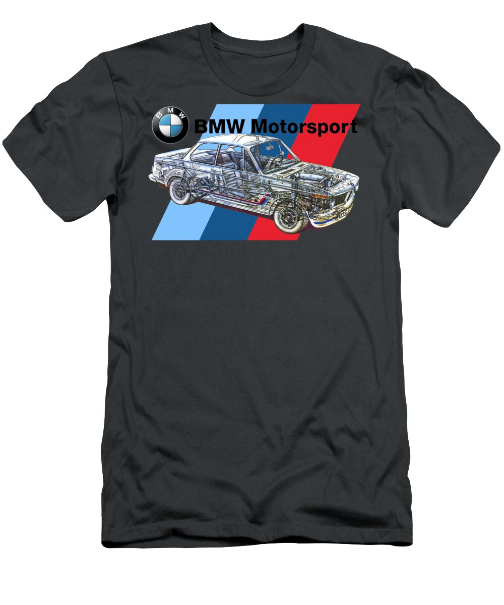 Vintage Car Print T-Shirt featuring the drawing Germany sport 2 door coupe BMW 2002 Turbo 3 Series E10. Cutaway automotive art by Vladyslav Shapovalenko