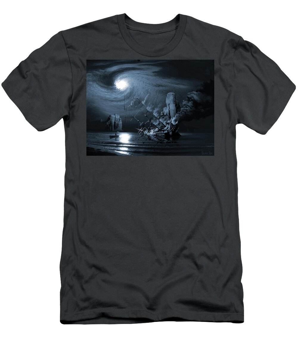 Legend Myth Saga Legend Boats Stories Fact Or Fiction Tall Tale Moonlight Vessel Yacht Phantom Flames Ocean Dark Examples Of Legends Examples Of Myths T-Shirt featuring the digital art Ghost ship series The birth of the legend by George Grie