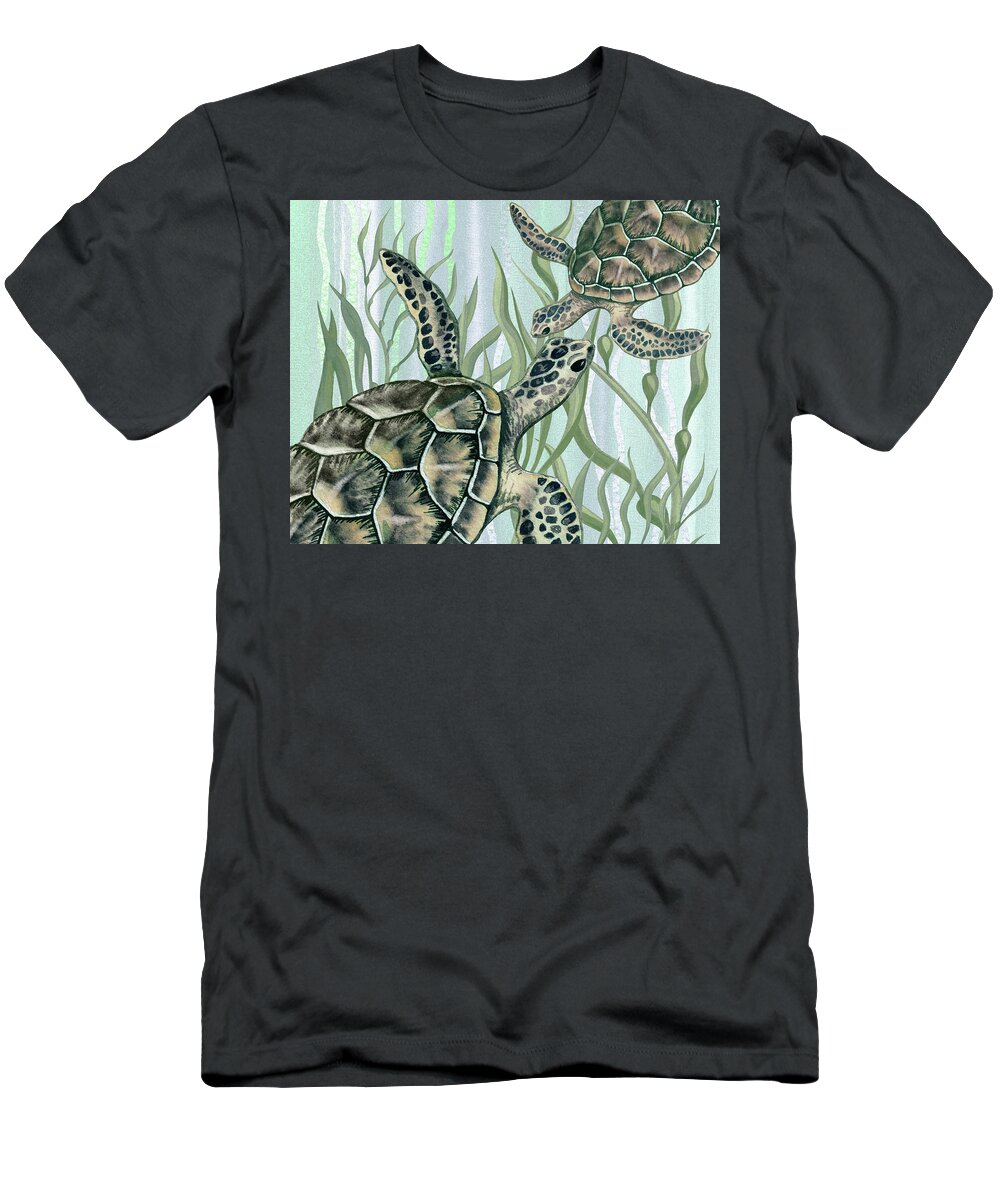 Art For Beach House Decor Ocean Seaweed Giant Turtle Swimming T-Shirt featuring the painting Giant Turtles Swimming In The Seaweed Under The Ocean Watercolor Painting IV by Irina Sztukowski
