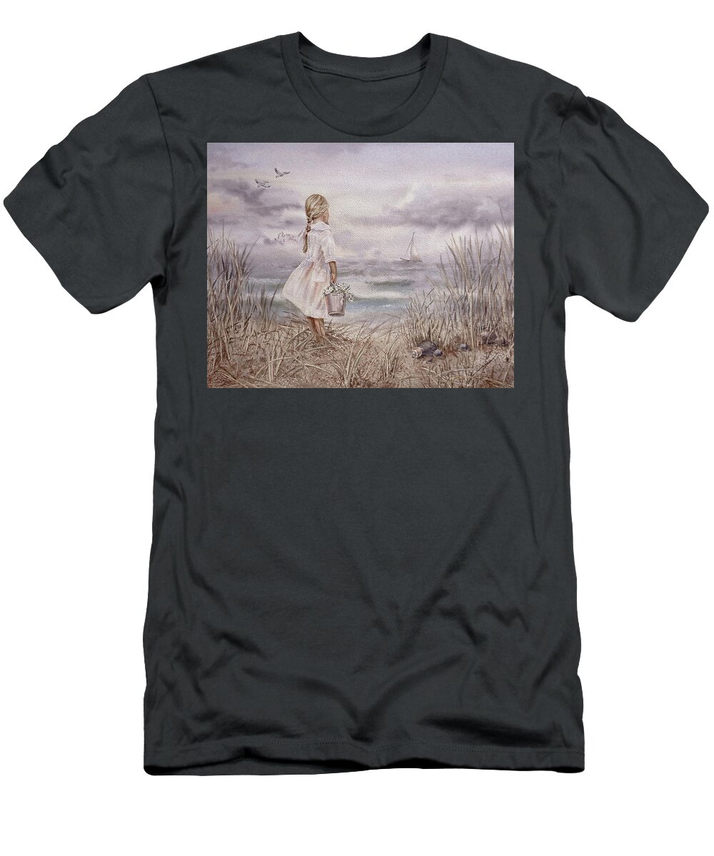 Ocean Girl T-Shirt featuring the painting Girl And The Ocean Vintage Monochrome by Irina Sztukowski