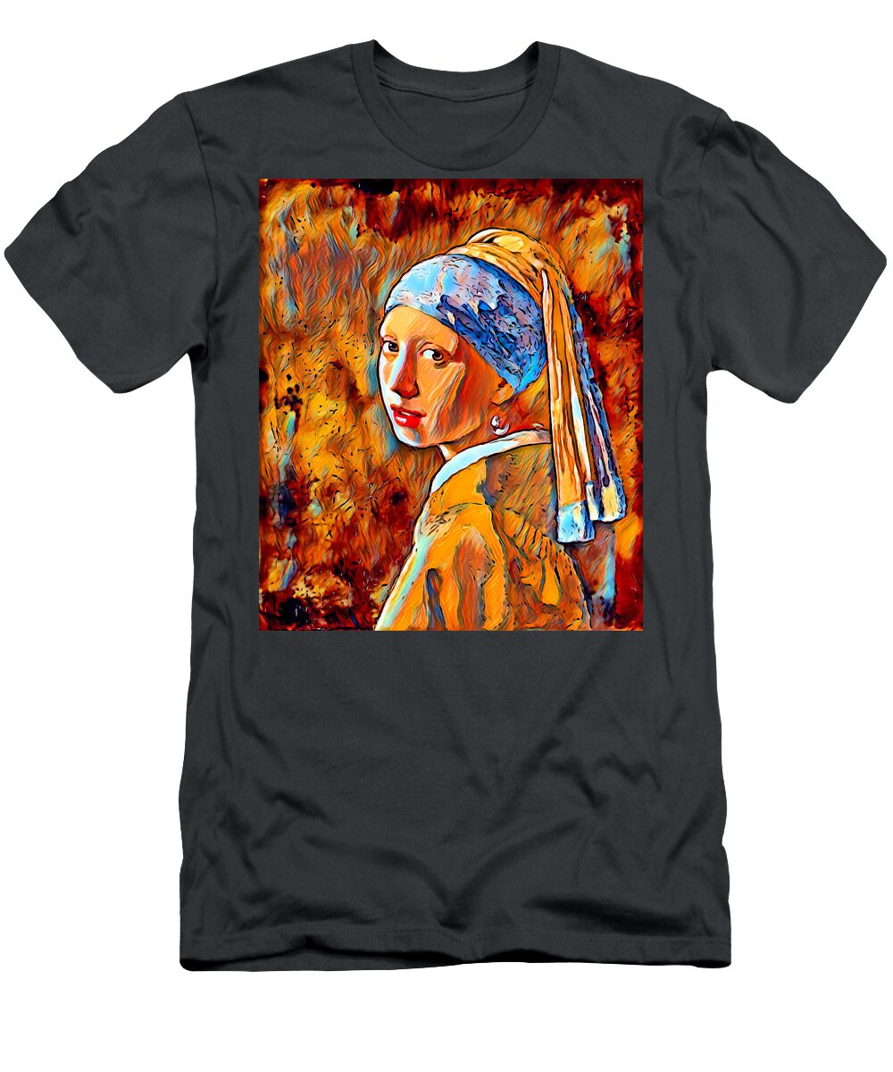 Girl With A Pearl Earring T-Shirt featuring the digital art Girl with a Pearl Earring by Johannes Vermeer - colorful dark orange recreation by Nicko Prints