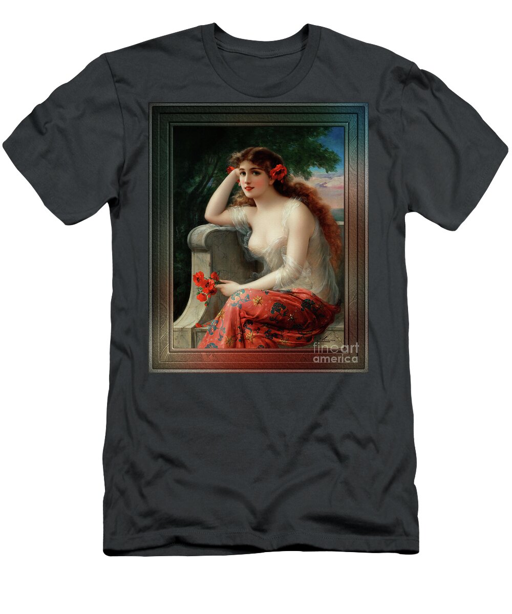 Girl With A Poppy T-Shirt featuring the painting Girl with a Poppy by Emile Vernon Vintage Fine Art Xzendor7 Old Masters Reproductions by Rolando Burbon